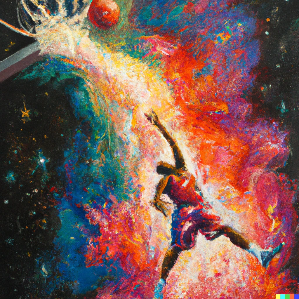 An expressive oil painting of a basketball player dunking, depicted as an explosion of a nebula